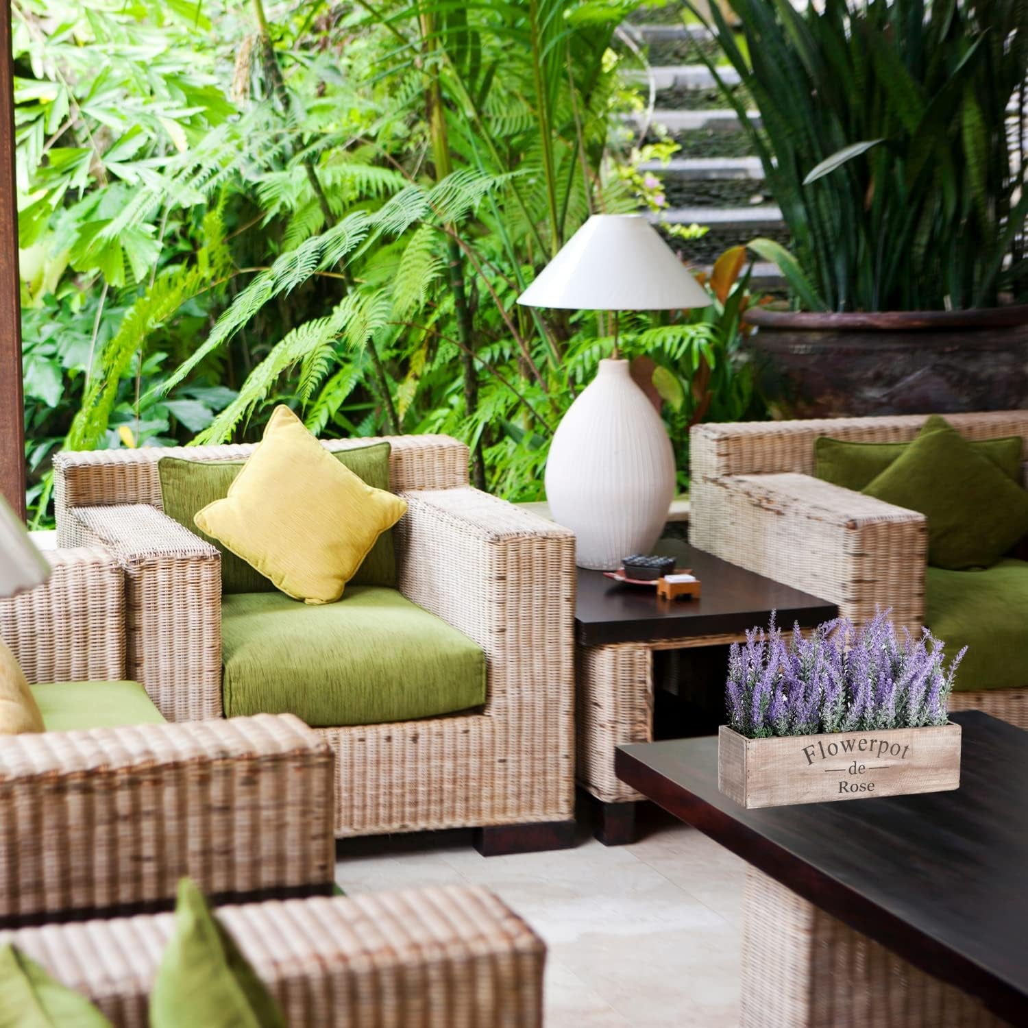 Fake Lavender Plant with Decorative Tray Wooden Box 14"- Spring Decorations for Home Office, Cottagecore Country Farmhouse Decor, Bathroom, Porch Decor, Purple Room, Faux Flower Indoor Garden