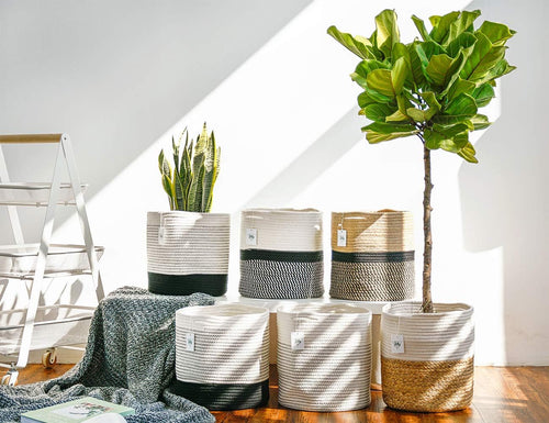 12"X12" Storage Basket Bin Organizer, Sturdy Indoor Floor Planter with Handle, Woven Baskets for up to 11" Flower Pot Plant, Flower, White Black Stripes