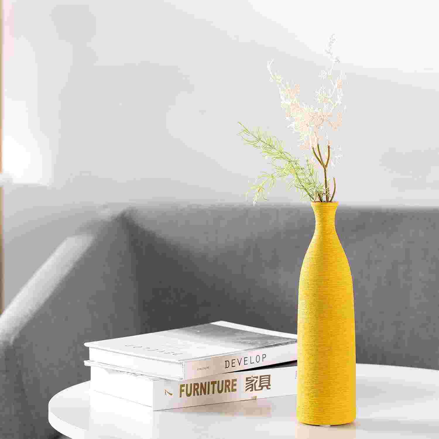 Modern Ceramic Vase for Flowers Plants Small Narrow Neck Flower Pottery Centerpiece Decorative Floral Vase for Living Room Office Parties Wedding, Yellow