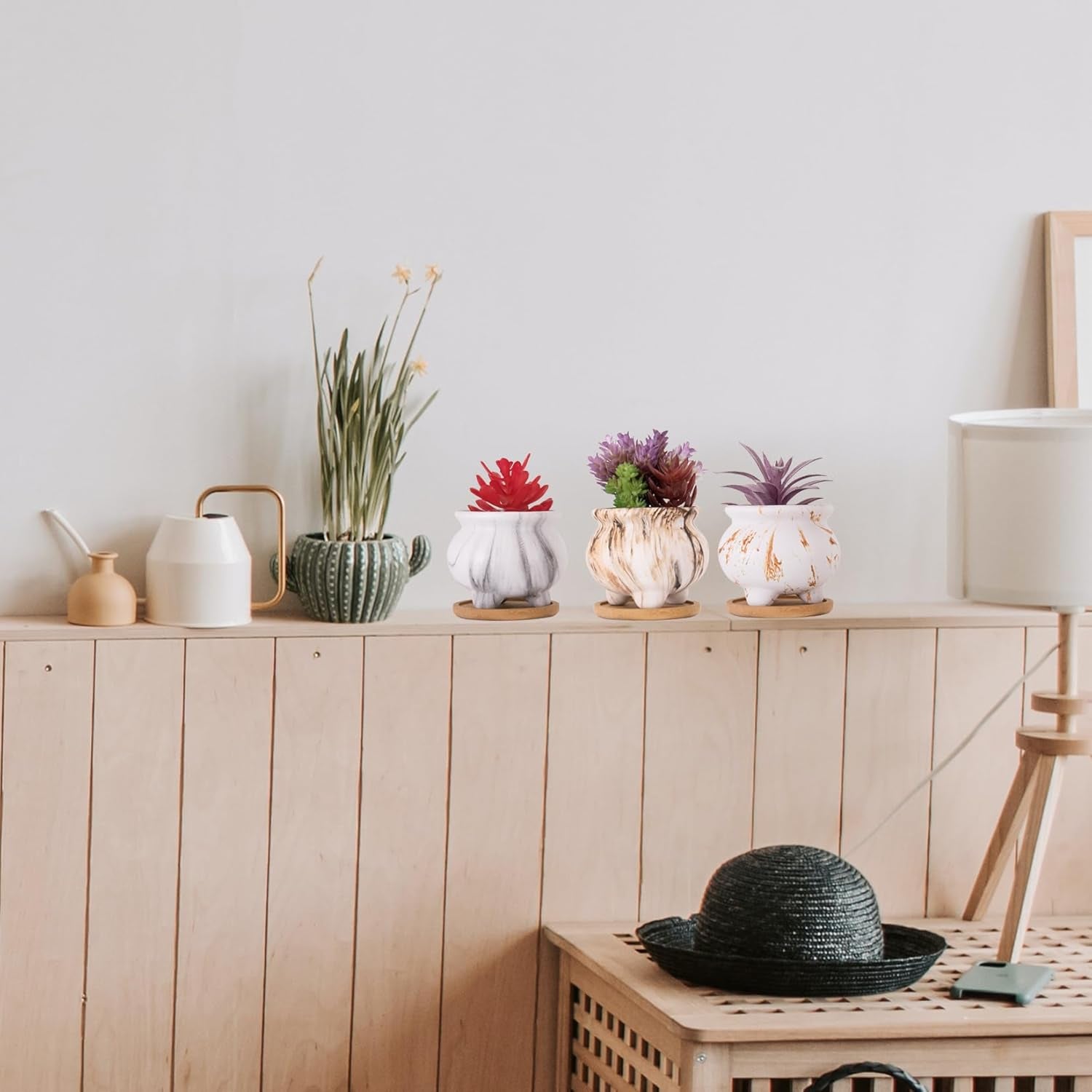 Succulent Pots - 3.8 Inch Marble Plant Pot with Drainage Trays Set of 6, Small Ceramic Pots for Indoor Cactus Flower Plants Decorative Garden Home Office