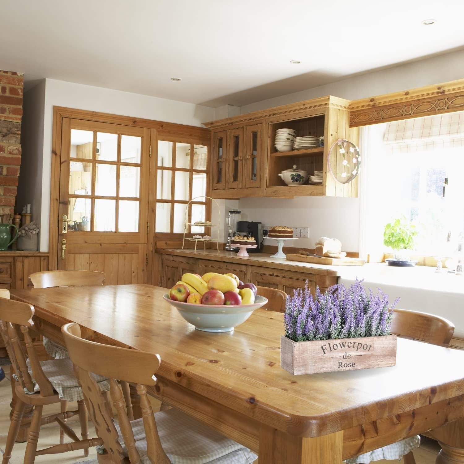 Fake Lavender Plant with Decorative Tray Wooden Box 14"- Spring Decorations for Home Office, Cottagecore Country Farmhouse Decor, Bathroom, Porch Decor, Purple Room, Faux Flower Indoor Garden