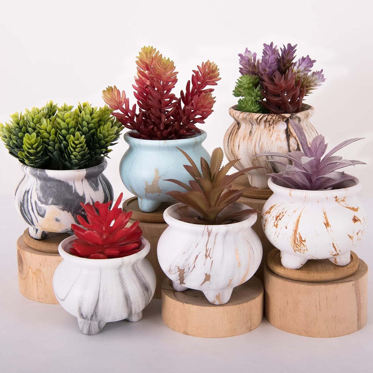 Succulent Pots - 3.8 Inch Marble Plant Pot with Drainage Trays Set of 6, Small Ceramic Pots for Indoor Cactus Flower Plants Decorative Garden Home Office
