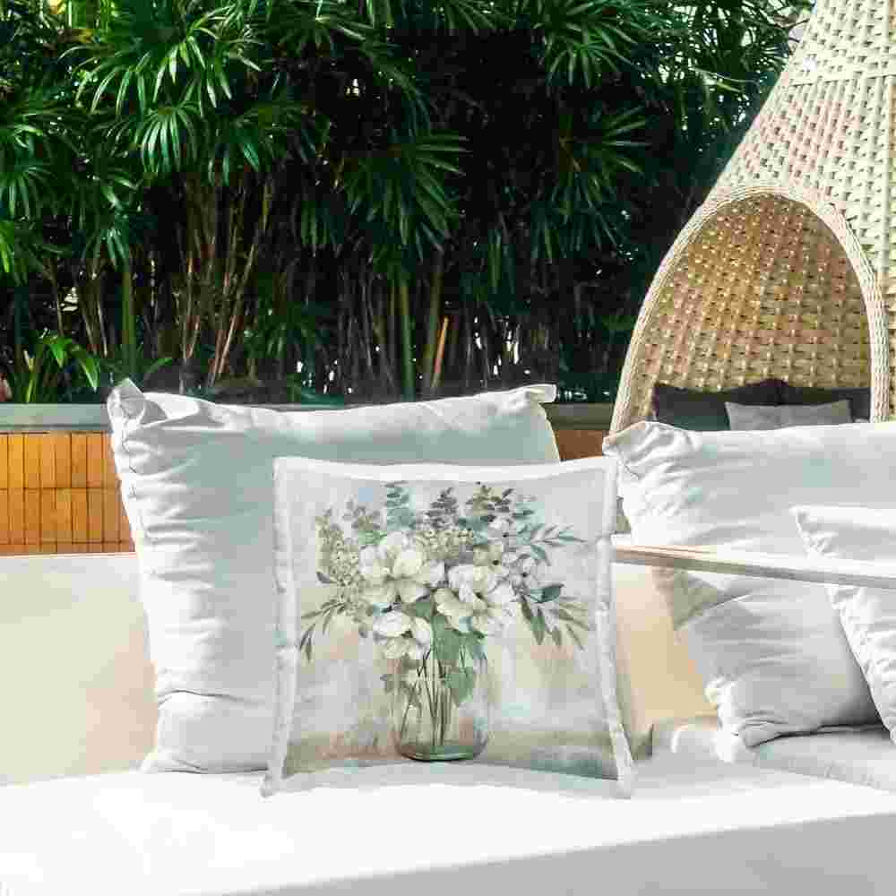 Lively Flower Vase in Green Tones Green Square Outdoor Throw Pillow