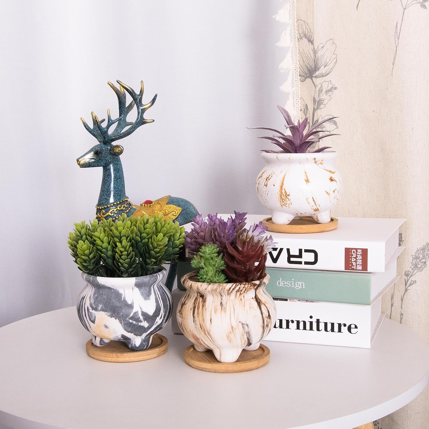 Succulent Pots - 3.8 Inch Marble Plant Pot with Drainage Trays Set of 6, Small Ceramic Pots for Indoor Cactus Flower Plants Decorative Garden Home Office