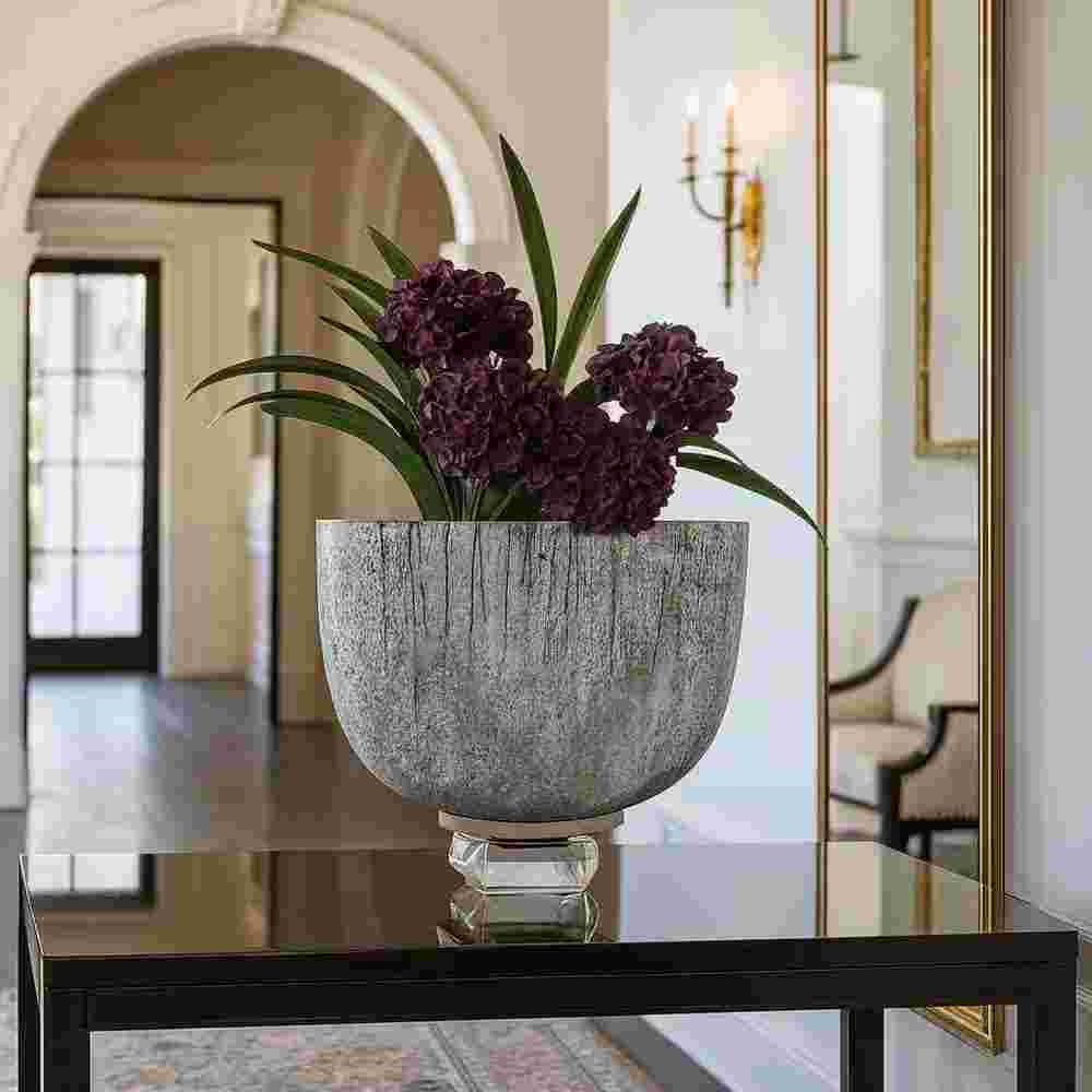 Gray 10 Inch Wide Handmade Aluminum and Glass Bowl Urn Flower Vase