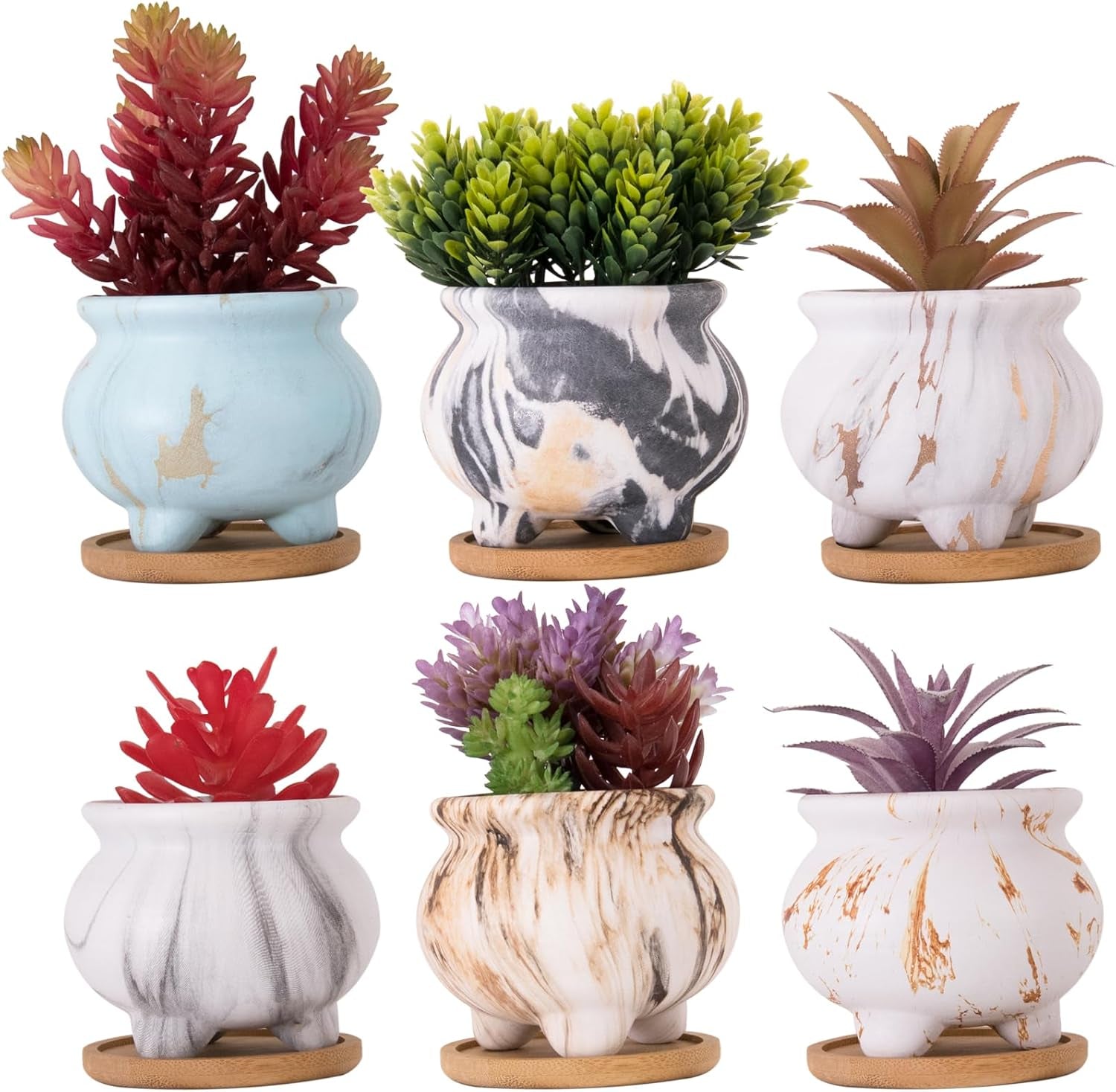 Succulent Pots - 3.8 Inch Marble Plant Pot with Drainage Trays Set of 6, Small Ceramic Pots for Indoor Cactus Flower Plants Decorative Garden Home Office