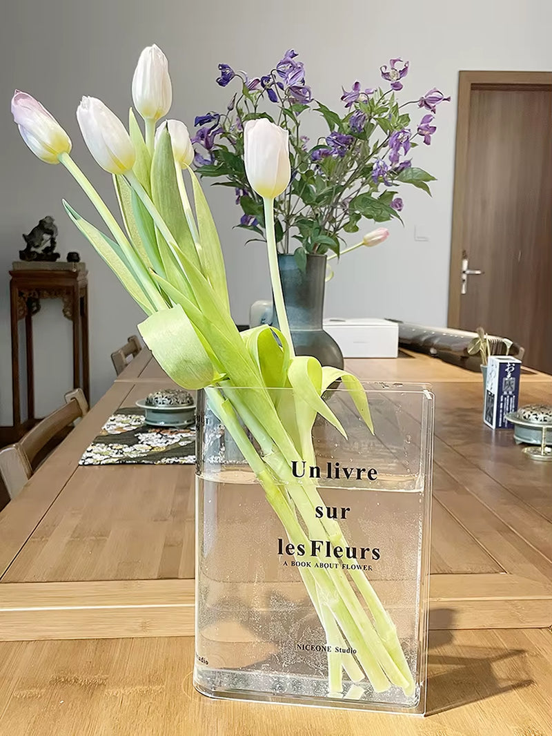 Clear Acrylic Flower Vase, Nordic Book Vase for Flowers, Office Desktop, Living Room, Home Decoration Gift