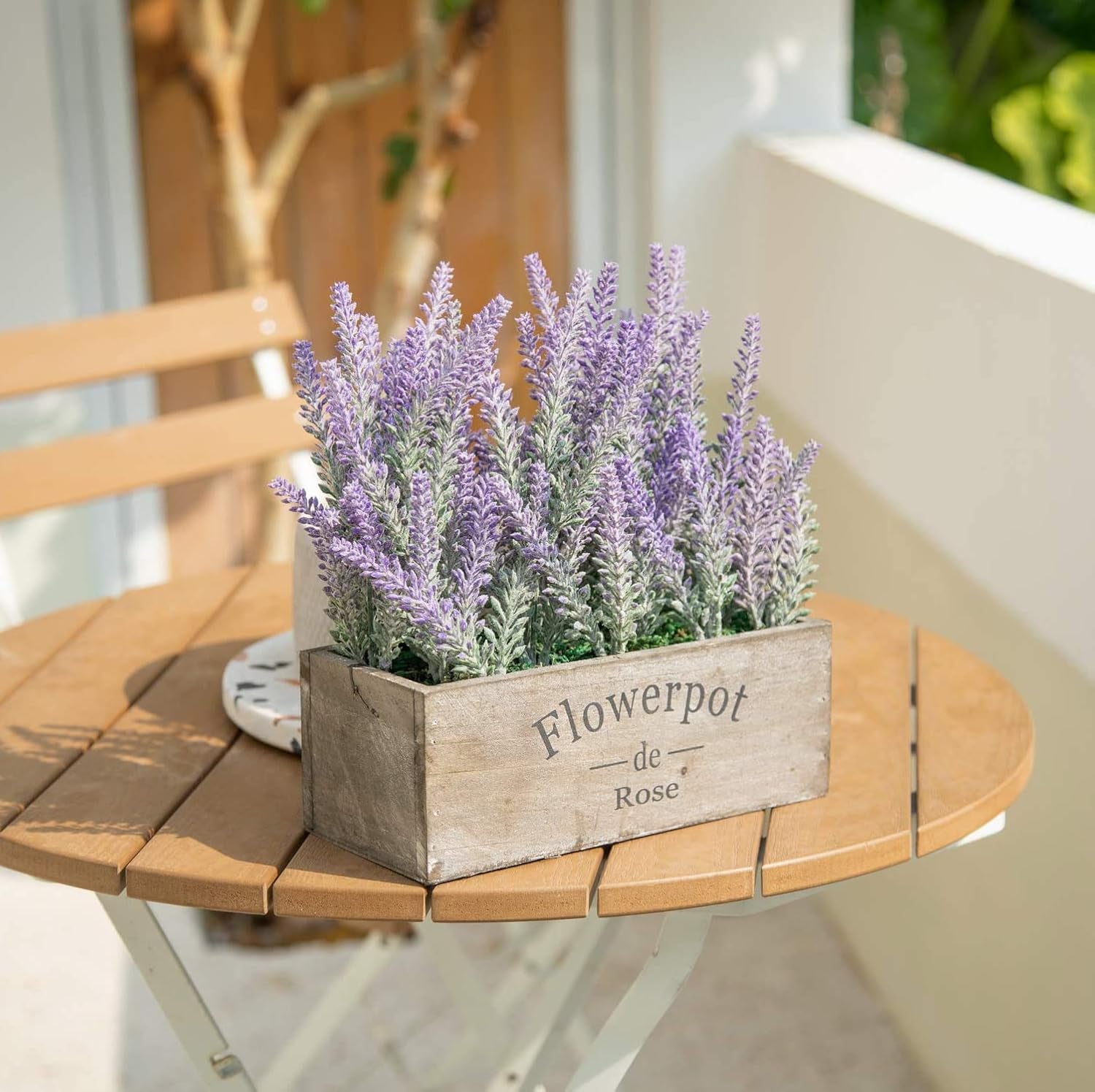 Fake Lavender Plant with Decorative Tray Wooden Box 14"- Spring Decorations for Home Office, Cottagecore Country Farmhouse Decor, Bathroom, Porch Decor, Purple Room, Faux Flower Indoor Garden